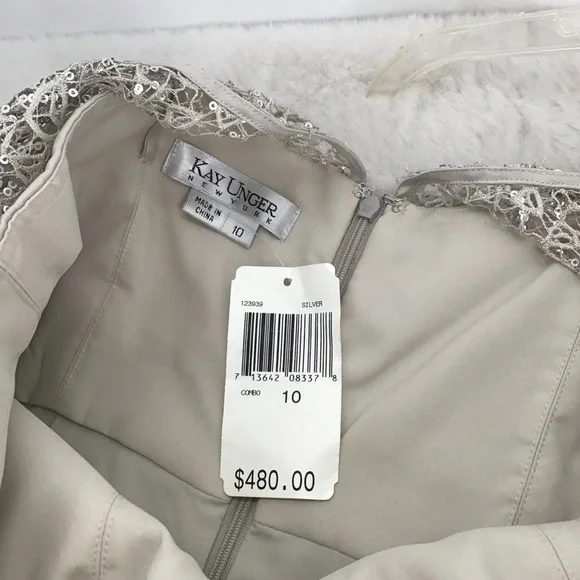 Kay Unger NWT Moir Lace Sequin Lace Wedding Formal Party Dress Silver Size 10 - Picture 5 of 13